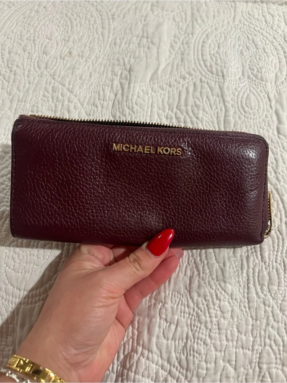 Michael Kors Burgundy Leather Zip-Around Wallet with Gold Logo